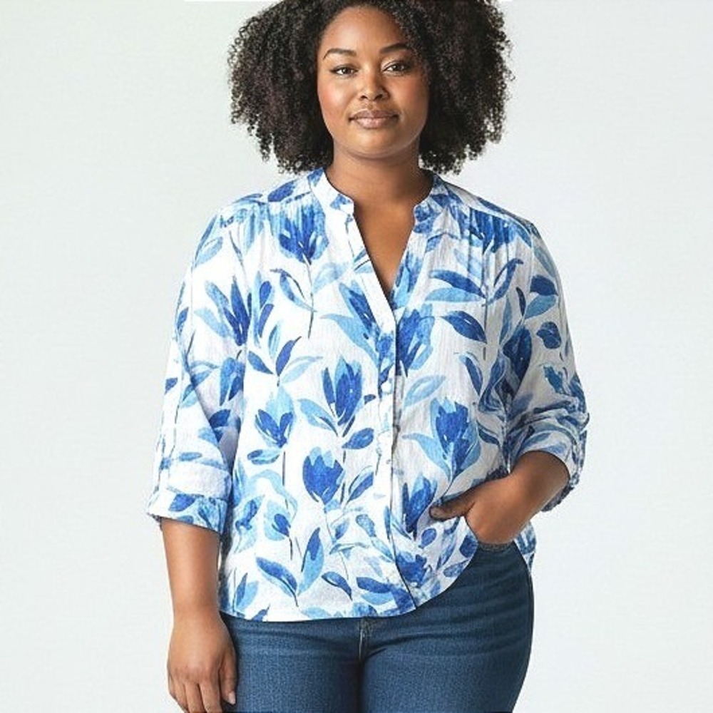 Alfred Dunner Blue White Floral Cotton Button Up Blouse‎ Pintuck 3/4 Sleeve 16